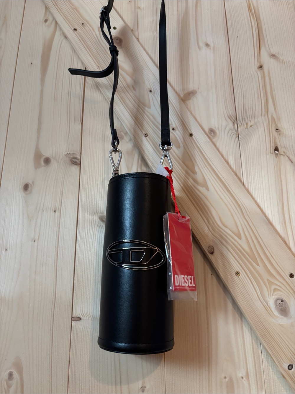 Diesel Black Cylinder Leather Crossbody with Red Tag